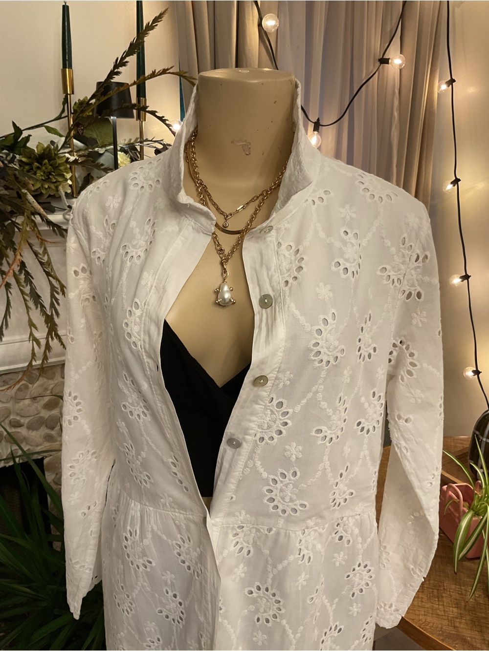 Valentina White Eyelet Button-Front Long Sleeve Top